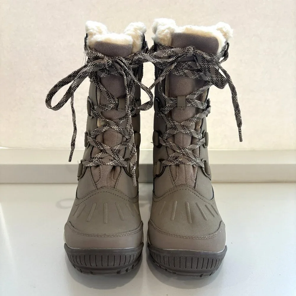 Bearpaw Desdemona Lace Up Tall Boots Leather Faux Fur Stone Gray Size 7 NEW